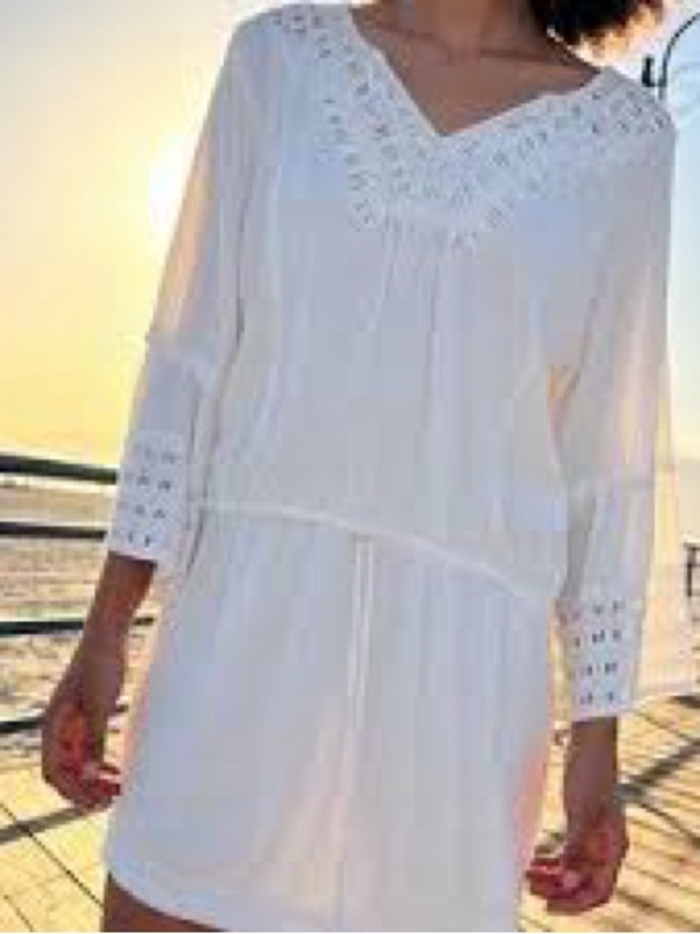 blue island White Crochet-Sleeve Swim Coverup